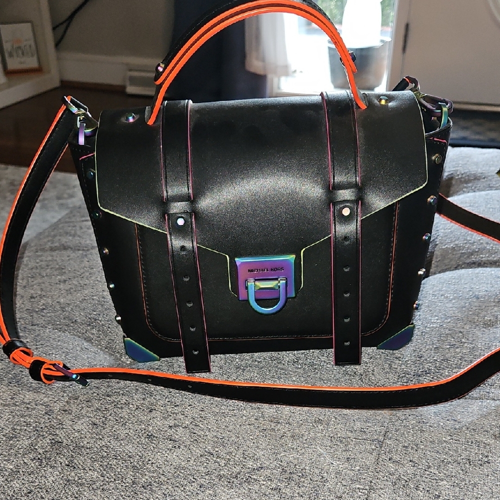 Michael Kors Black Manhattan Small Satchel Bag with Iridescent Hardware